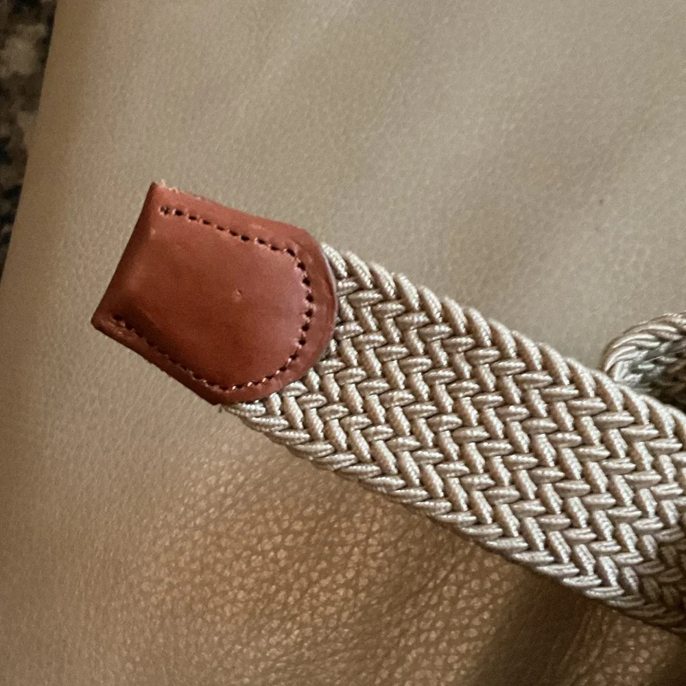 Tommy Bahama Cream Woven Belt with Brown Leather Trim - Picture 3 of 3